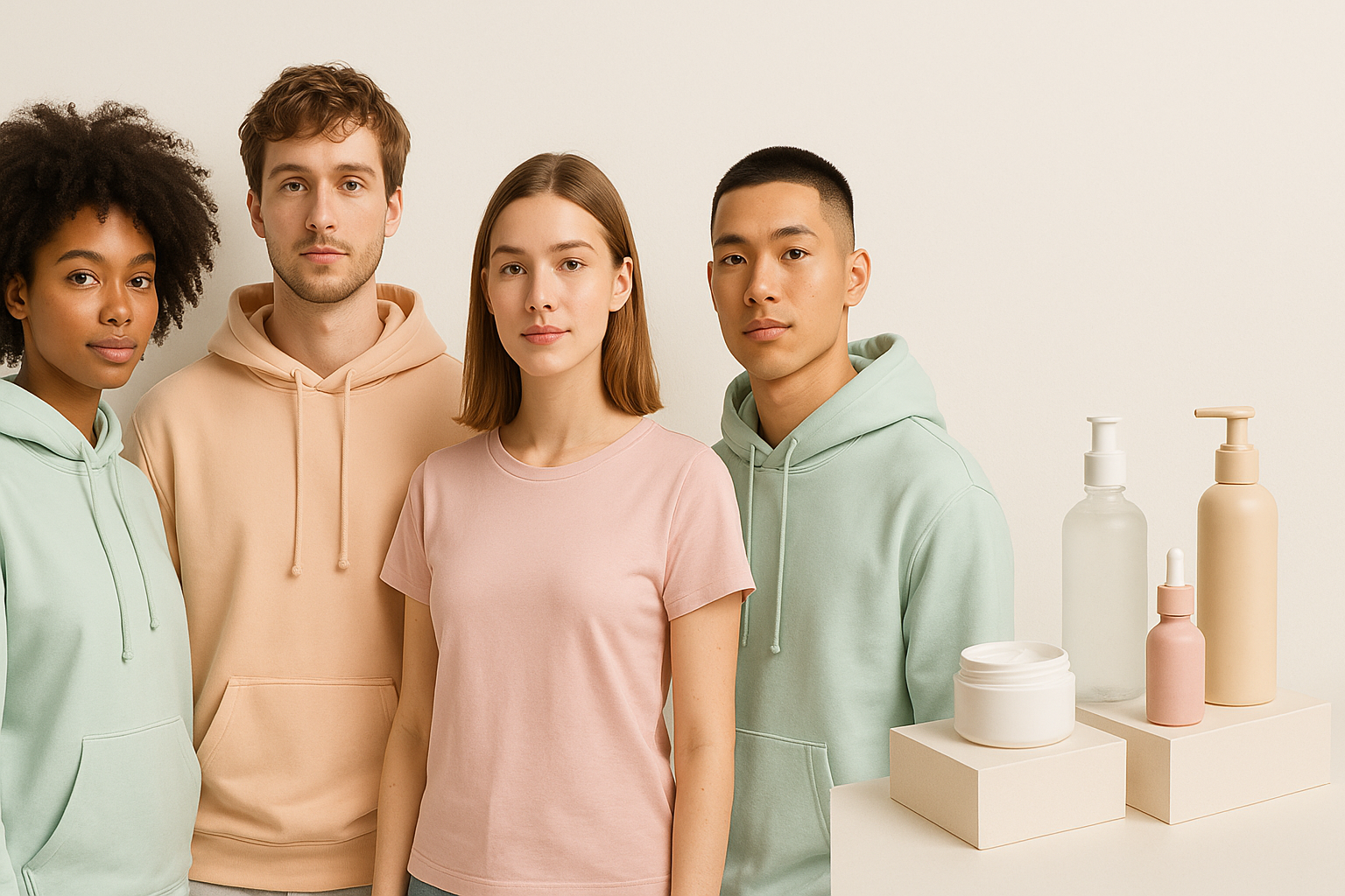 Modern lifestyle banner showing stylish young people wearing pastel hoodies and t-shirts next to minimal display of skincare and beauty products with clean white background and soft pastel colors in Proud Creation brand style